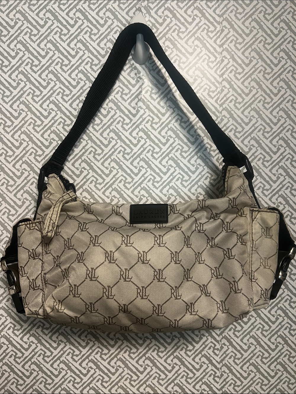 Ralph Lauren Beige RL Monogram Canvas Shoulder Bag with Black Strap
